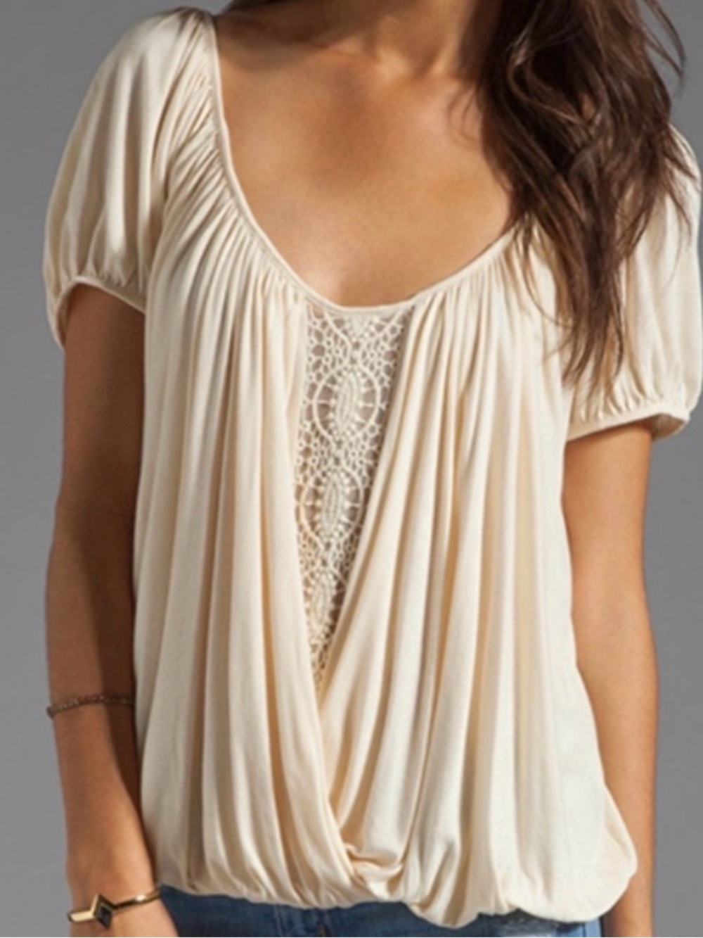 Venus Boho Women’s Cream Draped Crochet-Trim Short Sleeve Top